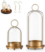 5"&4" Hurricane Glass Candle Holders, Gold Candle Holders with Wooden Tray & Hook Chains, Glass Cylinder Candle Holders for Pillar Candles, Brass Lantern Candlestick Decor for Home Wedding Table by Unknown