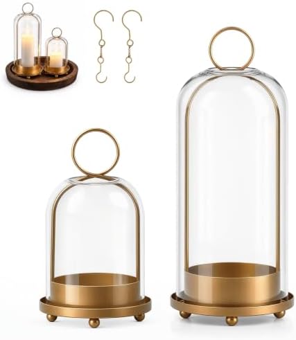 5"&4" Hurricane Glass Candle Holders, Gold Candle Holders with Wooden Tray & Hook Chains, Glass Cylinder Candle Holders for Pillar Candles, Brass Lantern Candlestick Decor for Home Wedding Table by Unknown
