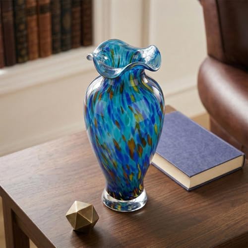 12in Tall Hand Blown Glass Vase Unique Ruffle Wide Mouth Vases, Elegant Modern Glass Flower Decorations Vase, Beautiful Colorful Vases for Home Living Room Bookshelves Wedding High End Centerpieces - Image 7