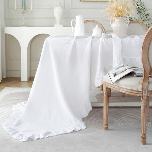 Linen World Ruffle Linen Tablecloth,100% French Linen White Tablecloth 90" x 60" Inch,Washable Rectangular Tablecloth for Dining,Outdoor,Weddings and Restaurants,Decorative Thanksgiving Christmas - Image 4