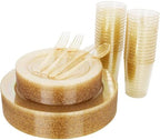 WELLIFE 175 Pieces Gold Glitter Plastic Plates with Silverware and Cups, Includes: 50 Plates, 50 Forks, 25 Knives,25 Spoons and 25 Cups for Party by WELLIFE