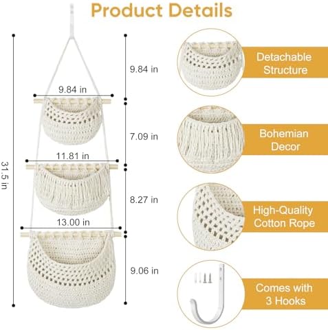 Boho Style Handwoven Rope Hanging Basket - 3-Tier Detachable Storage Organizer for Kitchen/Bathroom/Entryway, 3 Included Heavy-Duty Hooks, 7 Color Options Available (Gold) - Image 2