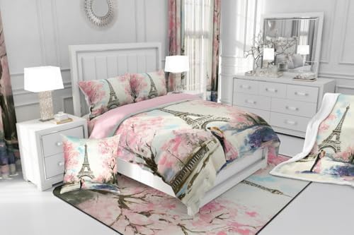 Paris Decor Comforter Set King Girly French Eiffel Tower Bedding Sets For Girls Kids Women Couple Bedroom Pink Cherry Blossoms Duvet Insert Watercolor Paris Tower Comforter Valentine 3 Pieces - Image 7