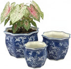 Galt International White & Blue Crane Round Fluted Floral Porcelain Ceramic Plant Flower Planter Pot Set of 3 (7.5", 10", 13") Garden Pots Chinese Asian Design - Image 3