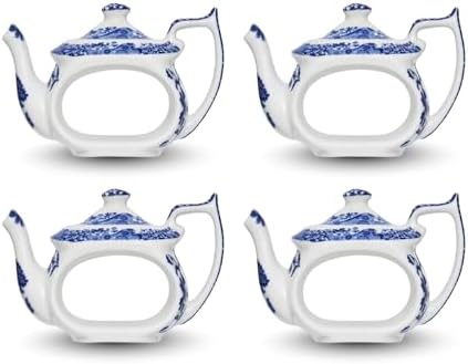 Spode Blue Italian Napkin Rings - Set of 4, Teapot Shaped Blue & White Table Accents for Dining Room Decor - Decorative Napkin Holders for Tableware & Seasonal Place Settings by Spode