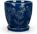Hollyone 6 Inch Blue Ceramic Planter Flower Plant Pot with Drainage Hole and Saucer for Plants Embossed Indoor Outdoor Garden Embossed Ceramic Glazed Round Pot for Succulent Orchid Floral Pattern by Hollyone