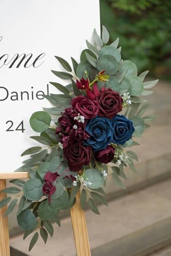 Olalaka Navy and Burgundy Flower for Wedding Welcome Signs Decorations, Artificial Burgundy Wedding Arch Flowers for Wedding Ceremony (Set of 2) - Image 5