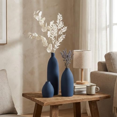 Blue Vase Set of 3, Navy Blue vase Trio Ceramic Bud Vases, Watertight Blue Ceramic vase Set with Non Slip Pads, Small Medium Tall Vases for Shelf Decor, Centerpieces - Image 4