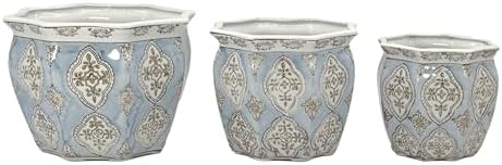Galt International Light Blue & White Round Fluted Floral Porcelain Ceramic Plant Flower Planter Pot Set of 3 (7.5", 10", 13") Garden Pots Chinese Asian Design - Image 6