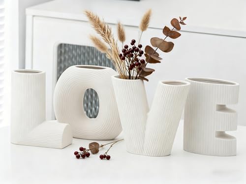 White Ceramic Vases Set of 4 Home Decor Modern Farmhouse Style Living Room Ornaments Dining Table Room Love Shaped Pottery for Dried Flowers by VASETOPIA
