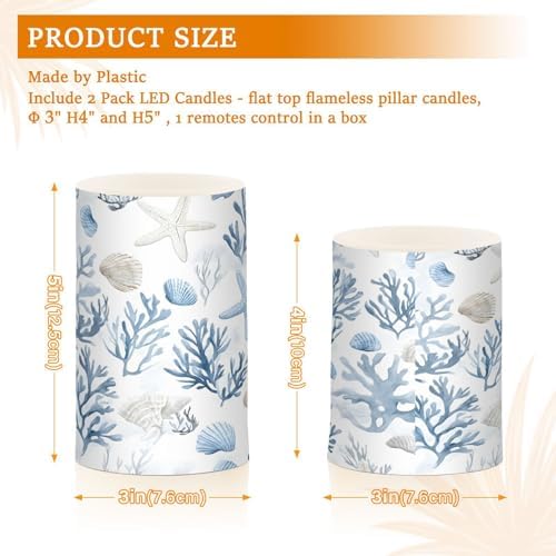 ALAZA Coastal Sea Star Coral Nautical Flickering Flameless Candles Battery Operated with Remote Timer,Tea Light Candles LED Pillar Votive Candles Set of 2 for Outdoor Indoor Decorations - Image 3