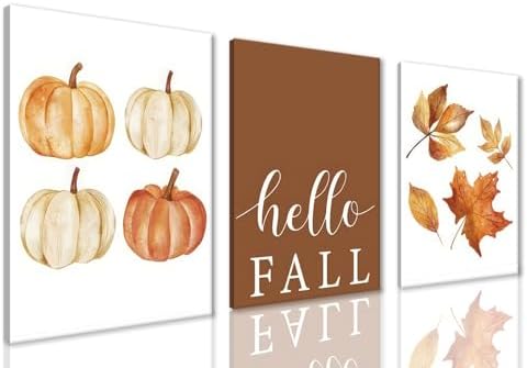 XYHYRA Vintage Fall Wall Art Set of 3, Rustic Farmhouse Seasonal with Hello Fall Sign Canvas Prints Painting, Thanksgiving Pumpkin Kitchen Wall Decor Picture for Living Room Bedroom 12x16 Inch by Unknown