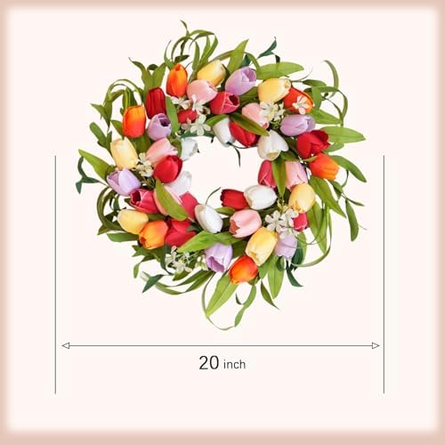 idyllic 20 Inch Spring Five-Color Tulip Wreath, for Front Door Window Porch Living Room Mantel Spring Colorful Home Decor Gift - Image 3