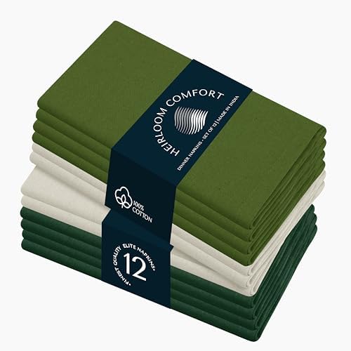 Multi Color Cloth Napkins 17x17 Inch - Set of 12-100% Cotton, Washable - Perfect Hotel Quality Napkin for Table, Dinner, Weddings, Everyday Dining - Ivory, Mint Green, Forest Green by HEIRLOOMCOMFORT