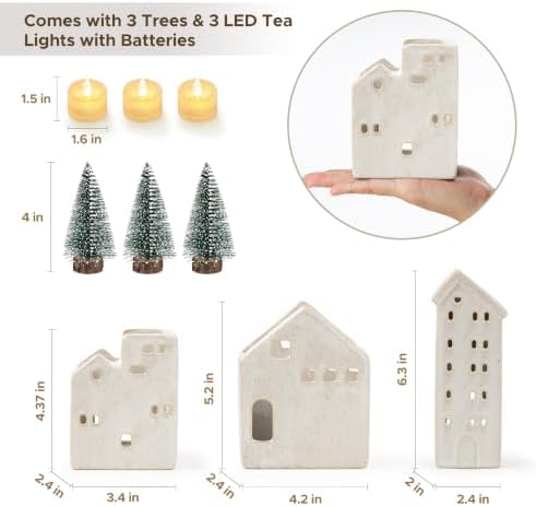 Sunlit Ceramic Christmas Village Sets of 3 Houses with 3 Tea Lights & 3 Frosted Trees, Christmas Decorations Indoor, Xmas Holiday Farmhouse Vintage Rustic Decor for Tabletop Mantle, Beige - Image 3