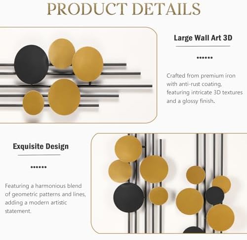 HYVAKUPPA 2 Pieces Large Metal Wall Decor 3D Modern Aesthetic Wall Sculptures 11.2''x 38.8''Luxury Geometric Circular Decor Wall Art Artwork for Bedroom Dining Living Room Wall Decorations - Image 2