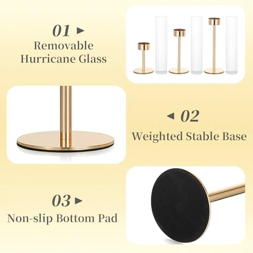Hewory Gold Hurricane Candle Holders: 12 PCS Tall Taper Candlestick Candle Holders Bulk for Candlesticks Candle Sticks Holder Decor for Table Centerpiece Wedding Party Christmas Decorations - Image 3