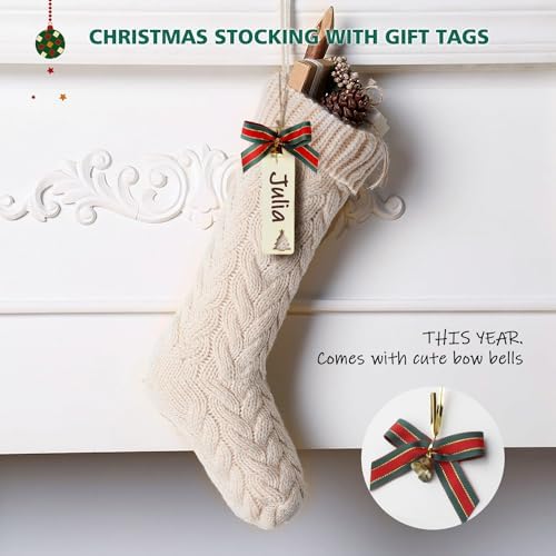 LIBWYS Knit Christmas Décor Stockings with Name Tags, 4 Pack 18" Large Cable Xmas Stockings Classic Burgundy Red Ivory White Chunky Hand Decoration Stockings - Image 2