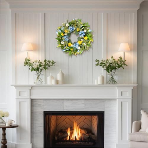24 Inch Spring Wreaths for Front Door, Summer Wreath with Lifelike Blue Hydrangea Gerbera and Daisy, Wreath Decor for Indoor or Outdoor Spring and Summer Wreaths for Front Door Outside - Image 6