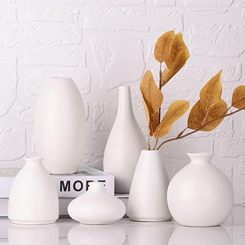 Set of 6 Matte White Small Vases for Flowers, Ceramic Bud Vase Bulk Boho Centerpieces for Tables, Mini Short Vase Modern Bulk Wedding Centerpieces Ikebana Vases for Bridal Shower/House Warming Gift - Image 7