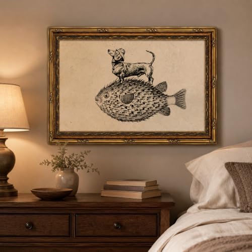 Gold Framed Dog on Fish Wall Art, Funny Animal Canvas Print, 24x16 - Image 4