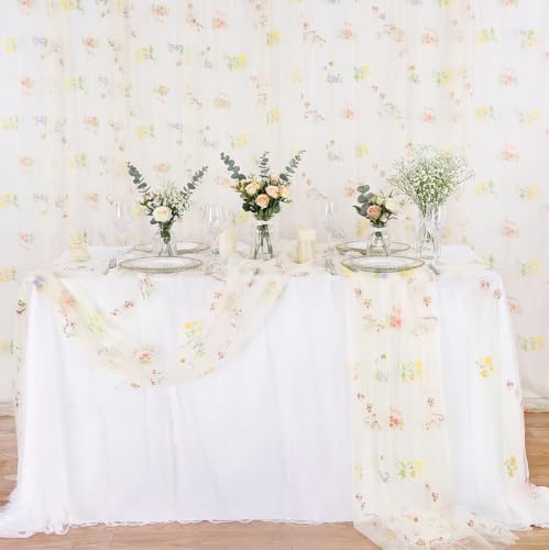 Beige White Floral Gauze Table Runner 10ft Embroidery Spring Tulle Linens - Image 5