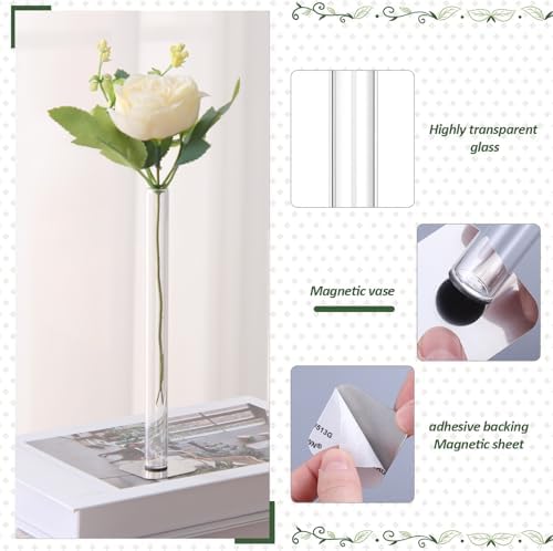 6 Pcs Magnet Flower Vase, Clear Glass Vases Test Tube with Adhesive Magnet Metal Base 7" x 0.6" Desktop Center Decoration Suitable for Both Real and Artificial Flowers for Table Decor - Image 4
