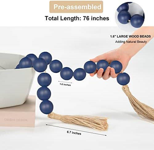OMISHE 76" Long Extra Large Wood Bead Garland Navy Blue with 1.6" Diameter Wooden Beads and Tassels, Rustic Farmhouse Country Decorative Beads for Home Decor Tiered Tray Decor, Navy Blue - Image 4