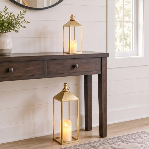 Set of 2 Decorative Lanterns with Candles, Gold Metal Lanterns Decor - Image 4