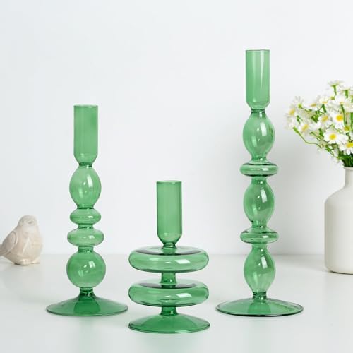 Hewory Green Taper Candle Holders Set, 3 PCS Glass Candlestick Holders by Hewory