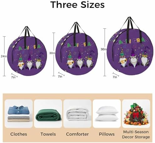 Mardi Gras Round Storage Bag 24 Inch, Carnival Gnome Mask Deep Purple Theme Clothes Storage Container with Handles Heavy Duty Organizer for Comforter, Bedding & Holiday Wreaths - Image 7