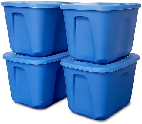 HOMZ 4-Pack Durable Molded Bin, Plastic Storage Containers w/Lids, 10 Gallon, Blue - Stackable Organizer Totes and Boxes for Bedroom, Kitchen, and Garage Organization by Homz