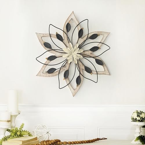 Remenna Whitewash Flowers Wood Wall Decor, Metal Rustic Wall Art Farmhouse Wall Decorations Multiple Floral Hanging Decor for Bathroom Living Room Home Office Garden Kitchen - Image 2
