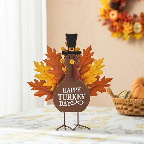Glitzhome 12”H Thanksgiving Turkey Figurine Decor, Wooden Metal Turkey Table Decoration Decorative Happy Turkey Day Decorations, Fall Harvest Thanksgiving Indoor Home Decor by Glitzhome