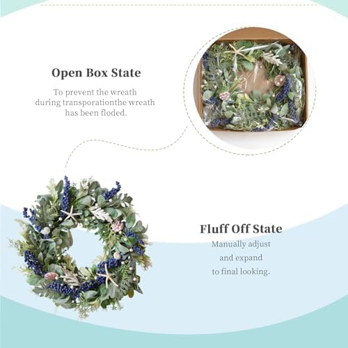 20 Inch Nautical Artificial Wreath with Starfish & Seashells Blue Berry Eucalyptus Wreath for Front Door Coastal Summer Home Decor for Wall/Fireplace - Image 4