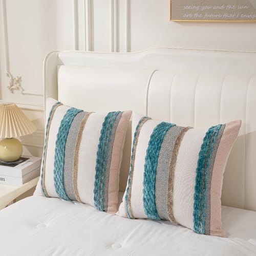 Boho Pillow Covers 18x18 Set of 2 for Couch-Modern Farmhouse Sofa Decorative Teal Throw Pillow Covers Textured Chenille Cushion Covers Outdoor Netural Bohemian Pillow Cases Square - Image 2
