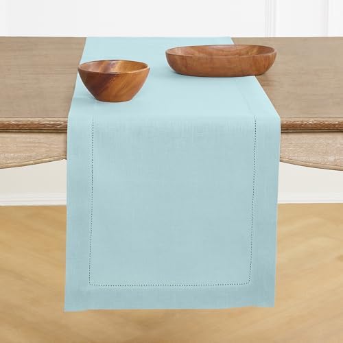 Solino Home 100% Pure Linen Table Runner Aqua Blue Hemstitch, 14 x 120 in by SolinoHome
