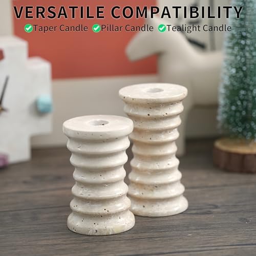 Travertine Marble Candlestick Holders - Set of 2 Stone Candle Sticks Holder Decor, Decorative Modern Candle Stands Multi-Purpose for Taper/Pillar/Tealight/Scented Candles - Image 4