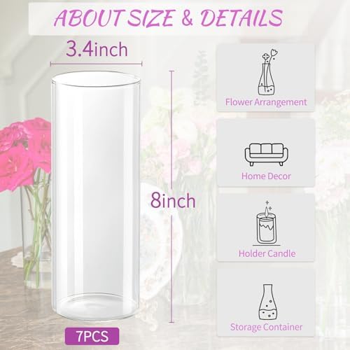 7pcs Glass Cylinder Vases for Centerpieces - 8 Inch Tall Glass Vases for Flower, Clear Flower Vase Bulk Floating Candle Vase for Table Centerpiece Wedding Home Décor - Image 2