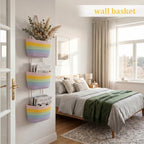 TeoKJ Over the Door Hanging Basket, 3-Tier Woven Cotton Wall-Mounted Storage Organizer Bag Decorative Hanging Nursery Baskets, Rainbow - Image 3