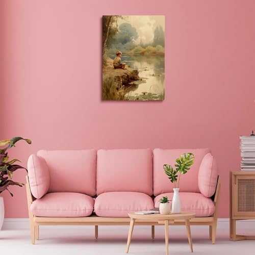 Vintage Boys Room Art,Boy By Pond Poster,Summer Decor Print,Boys Artful Nursery Print Painting,Vintage Prints of Children Playing,Vintage Art for Boy Nursery Bedroom Decor 20x30inch Unframed - Image 3