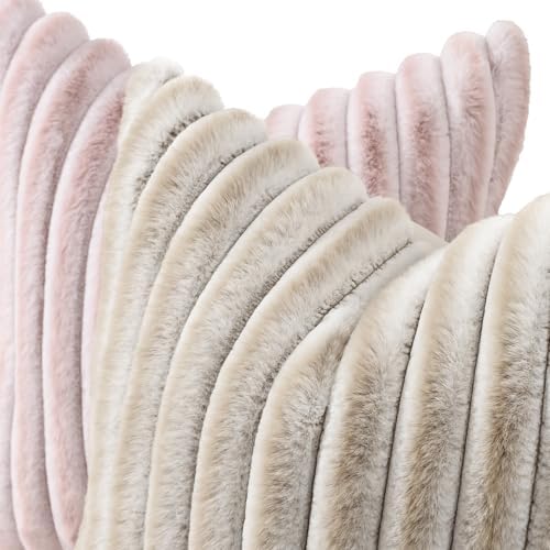 decorUhome Fall Faux Fur Throw Pillow Covers 24x24 Set of 2 Beige White - Image 2