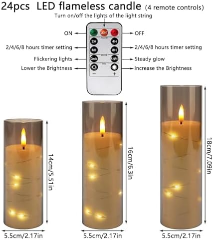 24 Pack Flameless LED Pillar Candles with Remote & Timer, Flickering Battery Operated Candles with Embedded Starry Lights, 3-Sizes Gray Acrylic Decorative Candles for Wedding, Home, Party Decor - Image 4
