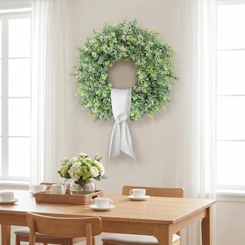 26" Artificial Eucalyptus Wreath with Sash for Front Door Decoration(Green) - Image 3