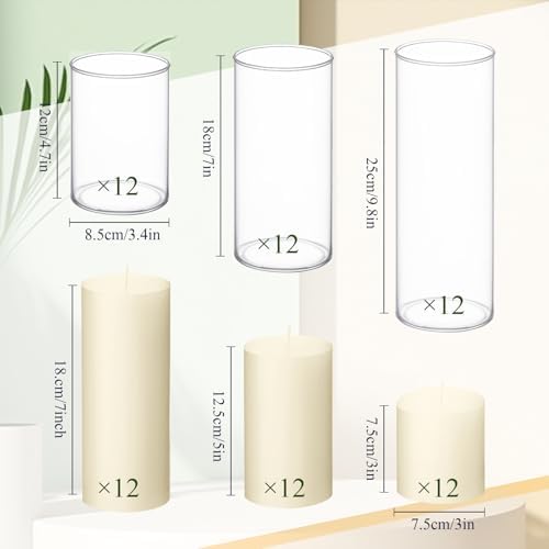 72 Pcs Pillar Candles and Glass, 3.4'' X 4.7", 7", 9.8", Ivory White - Image 3