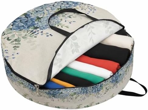 24 Inch Round Storage Bag 1 Pack,Blue Hydrangea Flower Green Eucalyptus Leaves Waterproof Wreath Storage Container with Handles&Zipper Retro Linen Closet Organizer Bags Garland Box - Image 2