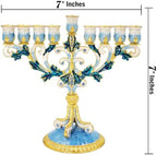The Dreidel Company Hand-Painted Enamel Metal Menorah with Blue, White, Gold and Green Jeweled Accents, 6" Inches - Image 3