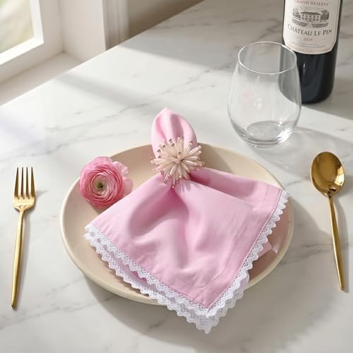 FINGERCRAFT Lace Cloth Napkins, Cotton Linen 12 Pack, 20x20 in, Pastel Rose - Image 2