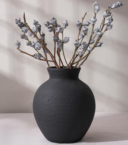 Ceramic Flower Vase Home Decor, 7.4 in Farmhouse Table Vases Retro Vintage Living Room Kitchen Bedroom Decoration Pottery Decorative Vases for Flowers House Shelf Office Desk Dining Entryway, Black by FancyPlus