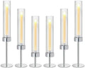 Metal & Acrylic Taper Candle Holders with Ribbed Design - Hurricane Clear Cylinder Candelabra for Wedding, Christmas, Party, Dining Table Centerpiece Decor (Silver, Set of 6) by KOLNLALA